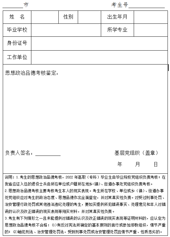 普通高校專升本考生思想政治品德考核表